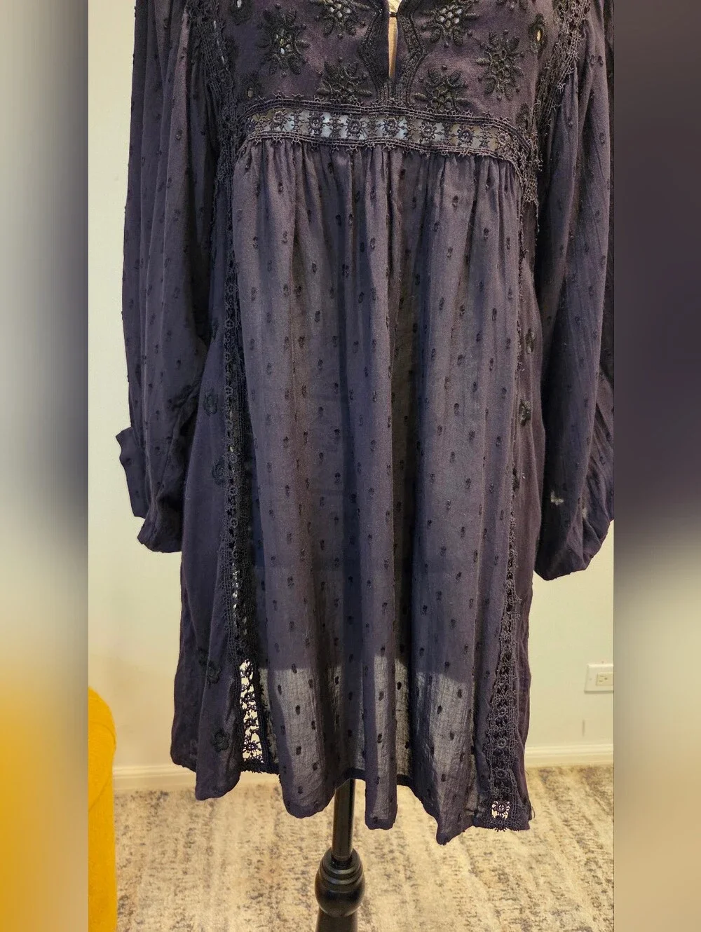 Free People Embroidered Deep Plum Swiss Dot Mini Dress,Size M.